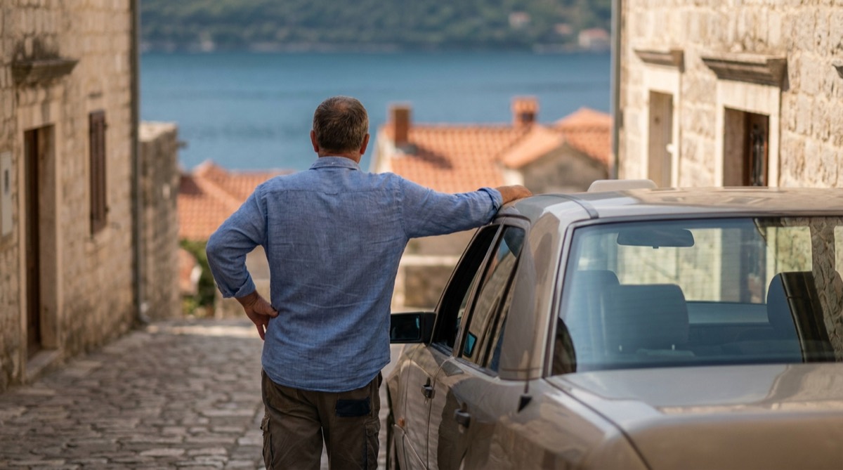A local taxi driver beside his car on a street in Montenegro