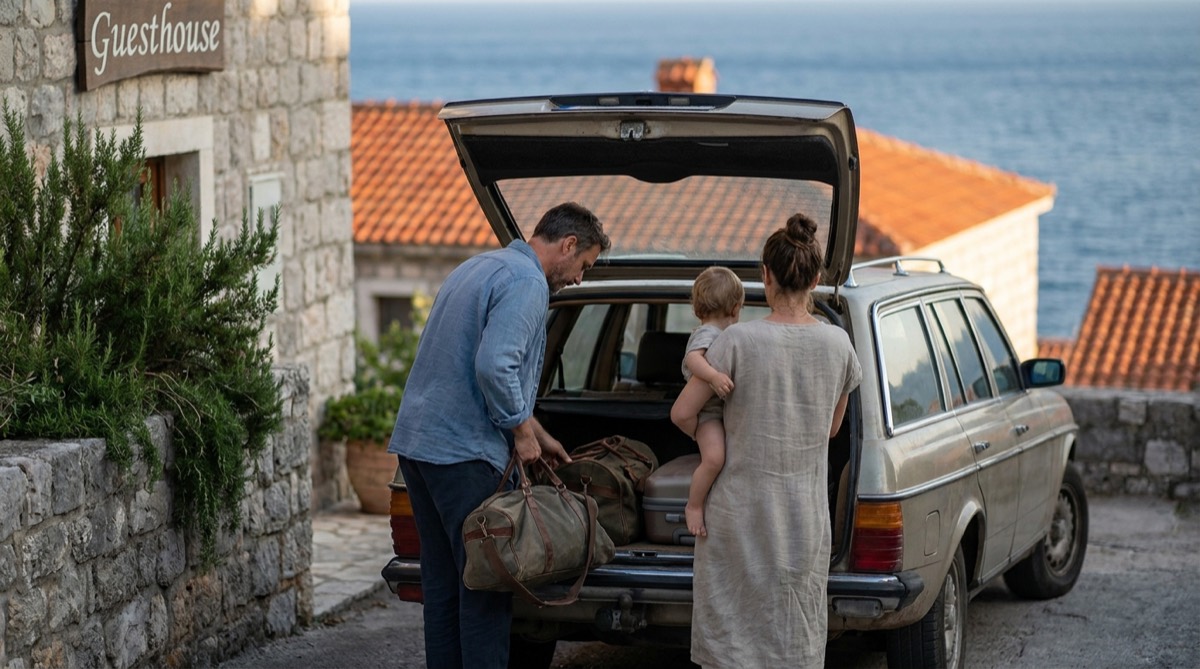 A family loading luggage into a car outside a guesthouse in Montenegro