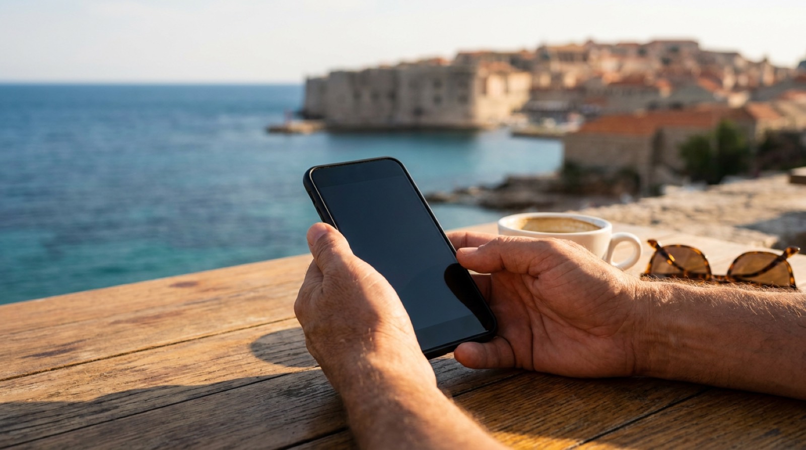 Hands holding a phone at a seaside cafe table in Montenegro